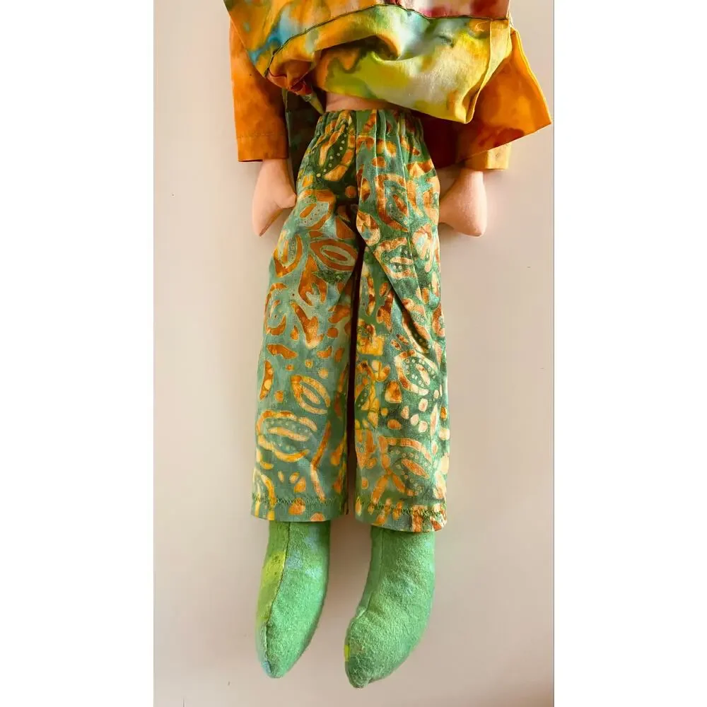 Handmade Boho Folk Art Indian Green Yin Yang Embroidered Yarn Hair Cloth Doll